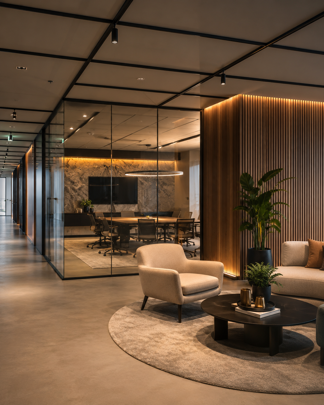 Modern kantoorinterieur met glaswand en lounge — opgeleverd door MATBOUW